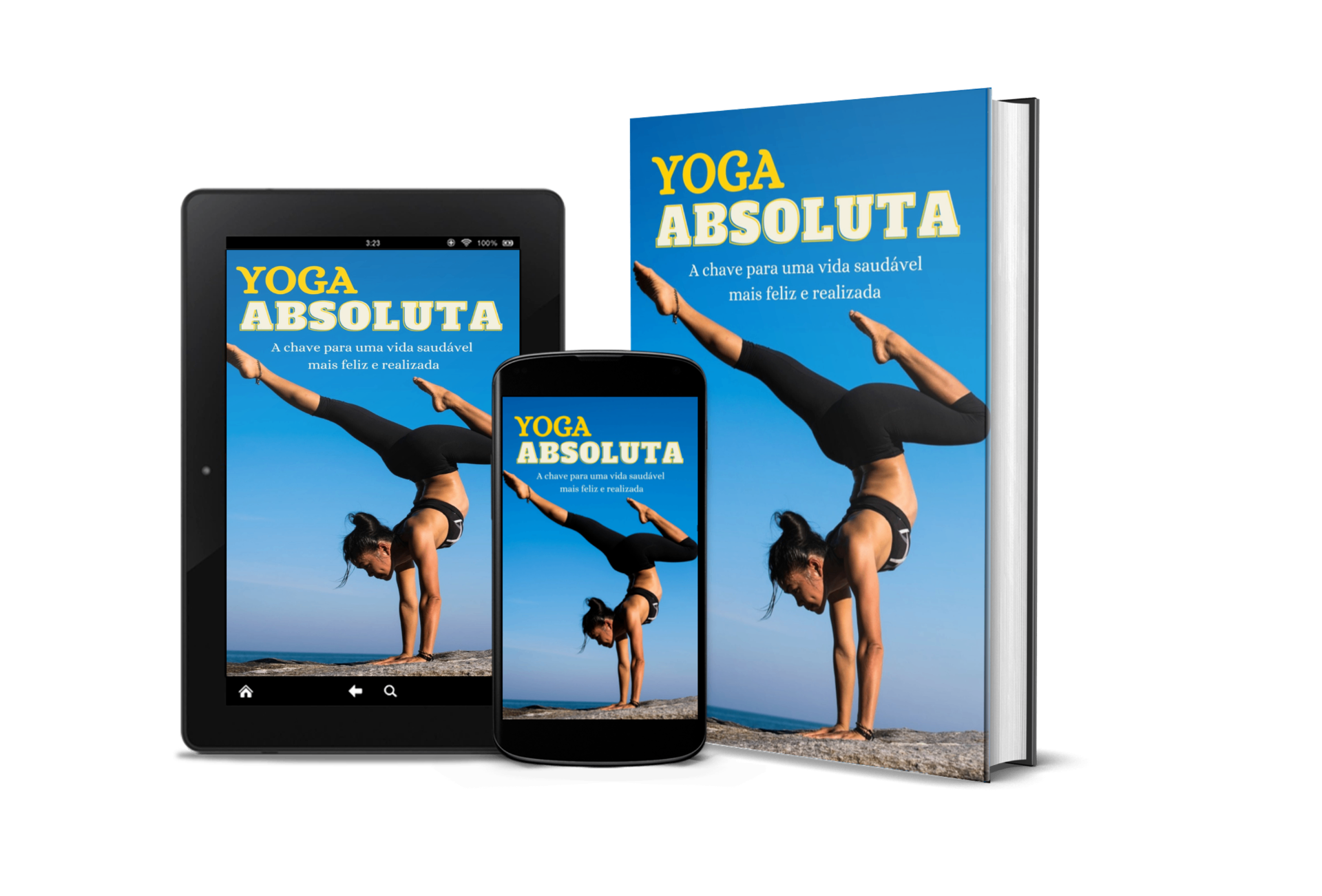 Ebook YOGA ABSOLUTA em tablet, celular e capa impressa